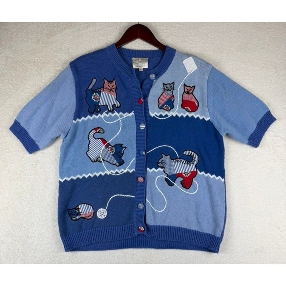 Vintage 1992 Susan Bristol Blue Patchwork Cat Cardigan Short Sleeve Sweater L
